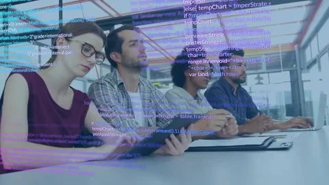 Animation of programming language over diverse colleagues with tablet sitting in Stock Footage 328257338