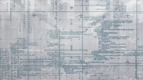 Animation of programming language over grid pattern against server room and city Video stock 229205660