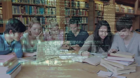 Animation of programming language over multiracial students studying in library Stock Footage 316218467