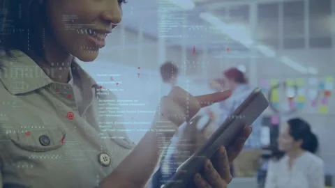 Animation of programming language over smiling biracial businesswoman using Vidéo 255169762