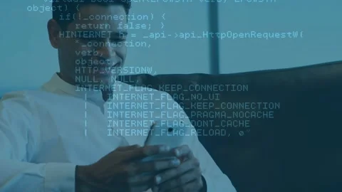 Animation of programming language over smiling businessman using phone and Stock Footage 328005018