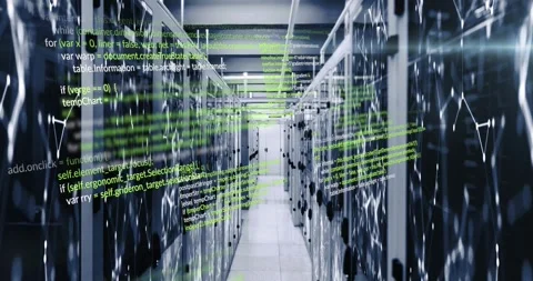 Animation of programming languages and illuminated connected dots moving on data Stock Footage 327643378