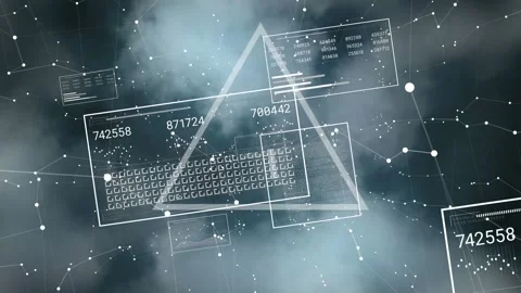 Animation of pulsating triangle and data processing over clouds Stock Footage 203732116