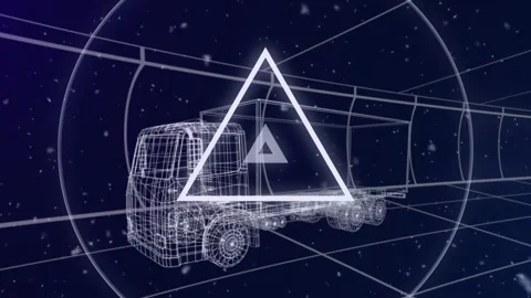 Animation of pulsating triangle and data processing over 3d drawing of lorry Stock Footage 327276821