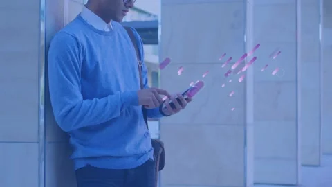 Animation of purple abstract patterns over businessman using cellphone Stock Footage 329707018