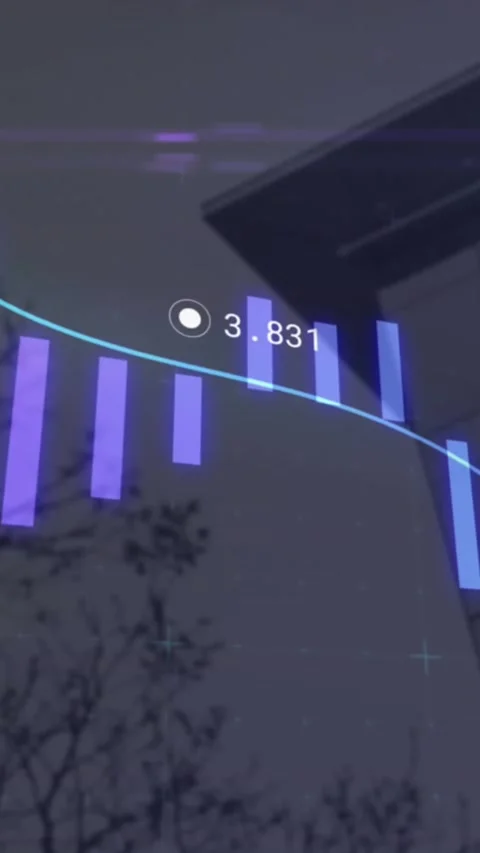 Animation of purple and green graph processing data over building and tree Stock Footage 320854751