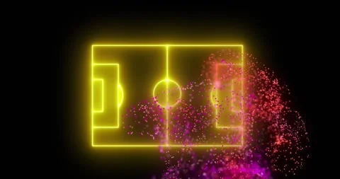 Animation of purple and red digital wave over neon yellow soccer field layout on Stock Footage 330116008