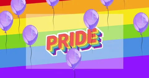 Animation of purple balloons floating over pride text on rainbow stripe Stock Footage 260973931