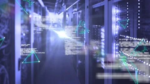 Animation of purple banner, multiple triangle shapes and data processing over Stock Footage 327783025
