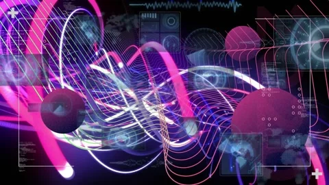 Animation of purple circles, 3d abstract net, neon light beams on digital Stock Footage 327526772