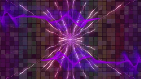 Animation of purple data transfer mesh over explosion and mosaic pattern Stock Footage 329565284