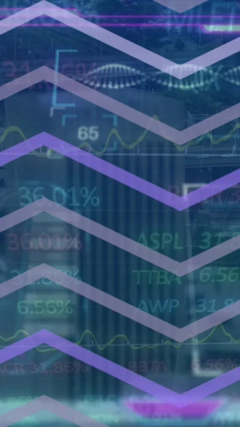 Animation of purple financial data processing over warehouse Stock Footage 343867649