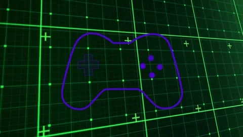 Animation of purple game controller outline with digital interface on green grid Stock Footage 329580065