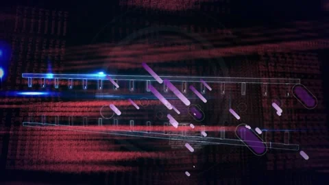 Animation of purple light trails over dna structure and data processing against Stock Footage 327279556