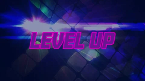 Animation of purple neon colored level up text, light beam, square shapes on Stock Footage 327526780