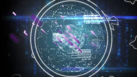 Animation of purple shapes over data processing and globe with connections Stock Footage 330583379