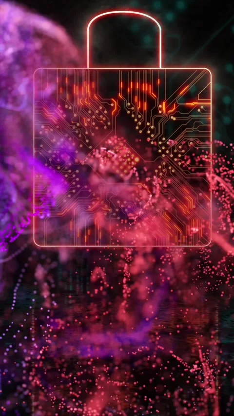 Animation of purple shapes over padlock icon with computer circuit board on Stock Footage 342594504