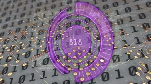 Animation of purple speedometer and circuit board pattern over binary codes on Stock Footage 221008037