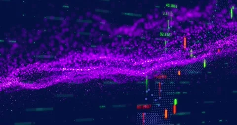 Animation of purple wave pattern and green dots forming line graph over trading 스톡 동영상 326411478