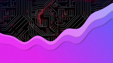 Animation of purple waves and integrated circuit on black background Stock Footage 327005416