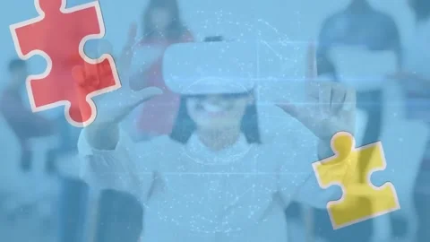 Animation of puzzle and globe over happy biracial woman using vr headset Stock Footage 230996162