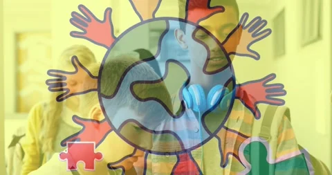 Animation of puzzle and globe over diverse students Stock Footage 328593205