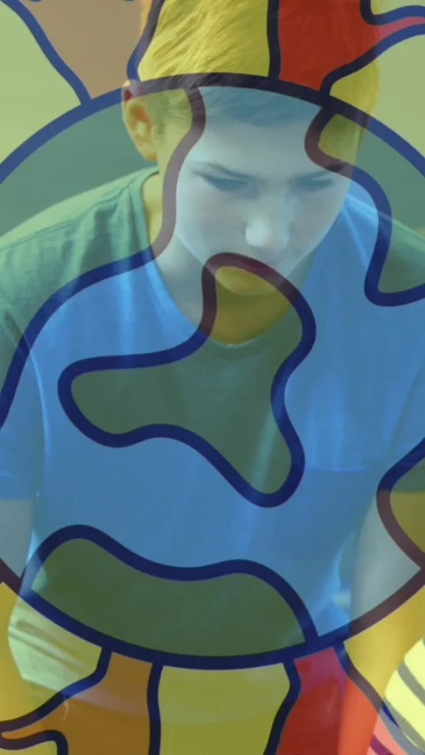 Animation of puzzle pieces and globe over diverse schoolchildren using tablet Vidéo 343866841