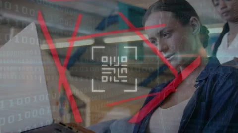 Animation of qr code in abstract pattern over caucasian teacher working on Stock Footage 204924955