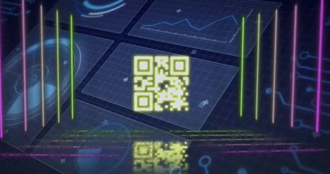 Animation of qr code in abstract pattern over multiple infographic interfaces Stock Footage 326306379