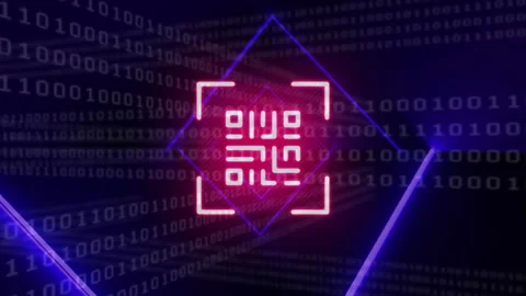 Animation of qr code and binary coding data processing over glowing neon lines Stock Footage 264877441