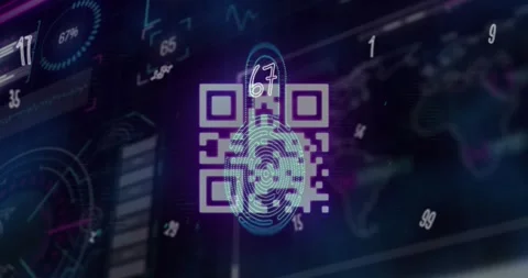 Animation of qr code and biometric fingerprint over data processing Stock Footage 329232545