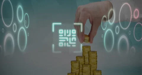 Animation of qr code and circles over cropped hand of caucasian man placing Stock Footage 329123807