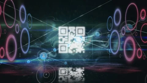 Animation of qr code and circles of connections on black background Stock Footage 329849808