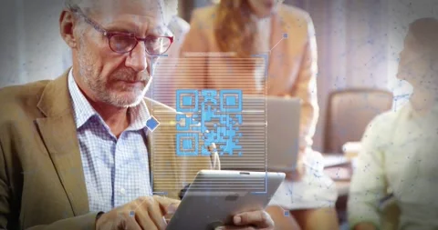 Animation of qr code and connected dots over senior caucasian businessman using Stock Footage 329413671