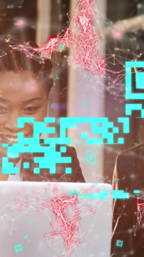Animation of qr code and connected dots over multiracial coworkers discussing 스톡 동영상 343779112