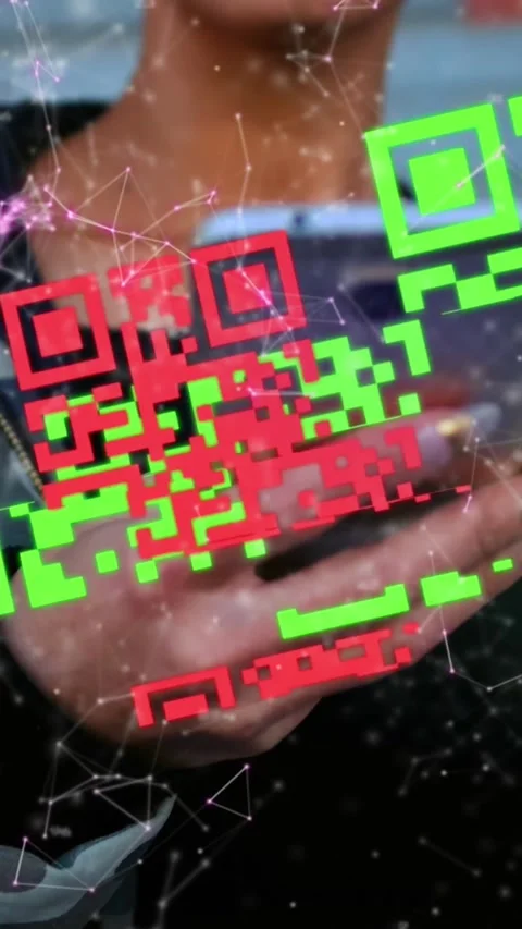 Animation of qr code and connected dots over caucasian hipster woman using 库存影片 344284108
