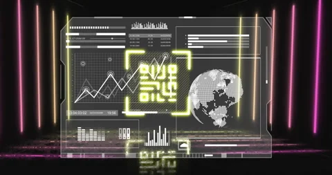 Animation of qr code and data processing over neon lines Stock Footage 309841821
