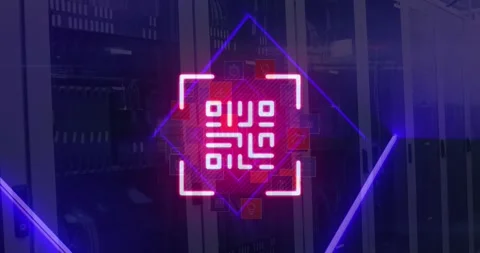 Animation of qr code and data processing over computer servers Stock Footage 327004358