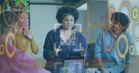 Animation of qr code and data processing over diverse business people in office Stock Footage 327202343