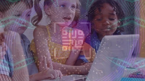 Animation of qr code and data processing over diverse schoolchildren using Stock Footage 327957855