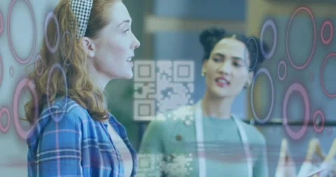 Animation of qr code and data processing over diverse business people in office Stock Footage 328083241