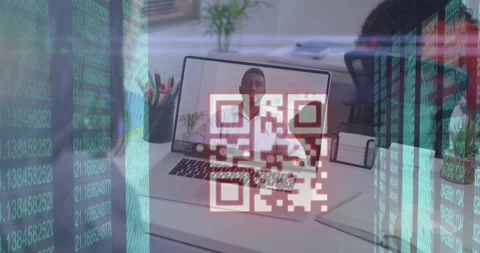 Animation of qr code and data processing over man using laptop Stock Footage 329568945