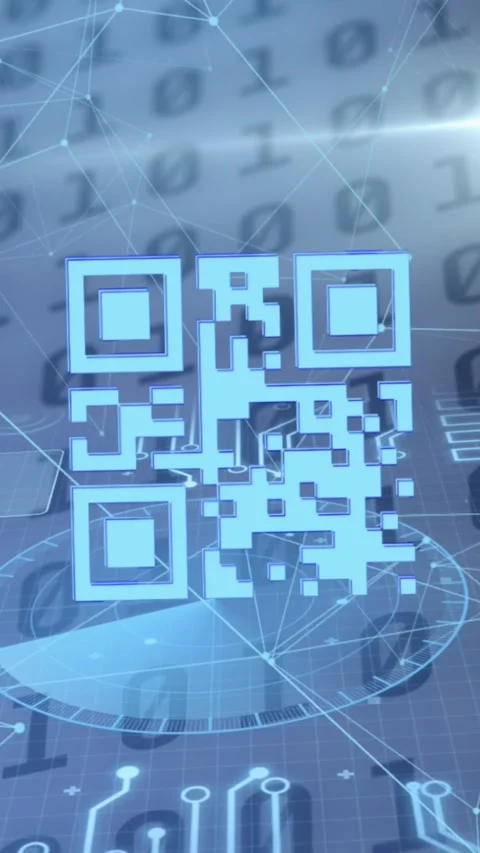Animation of qr code and data processing over binary coding in background Stock Footage 331718065