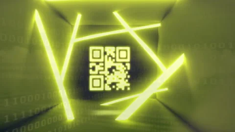 Animation of qr code and digital data processing over neon lines Stock Footage 310033263