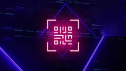 Animation of qr code and digital data processing over glowing neon lines Stock Footage 326758239