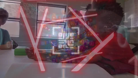 Animation of qr code and falling binary codes over multiracial students studying Stock Footage 329413482