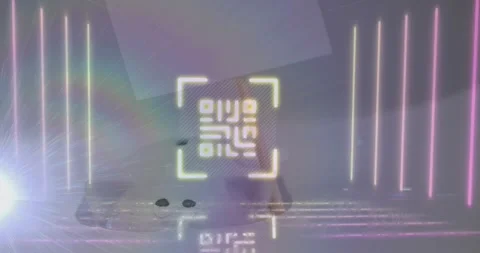 Animation of qr code and lines with lens flares against abstract background Stock Footage 329031680