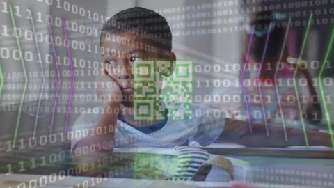Animation of qr code and looping binary code over thoughtful asian boy sitting Stock Footage 330171517