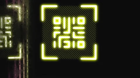 Animation of qr code and neon lines on black background Stock Footage 313038804