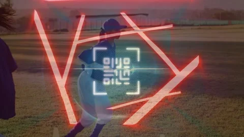 Animation of qr code and neon shapes over diverse baseball players Stock Footage 328154098